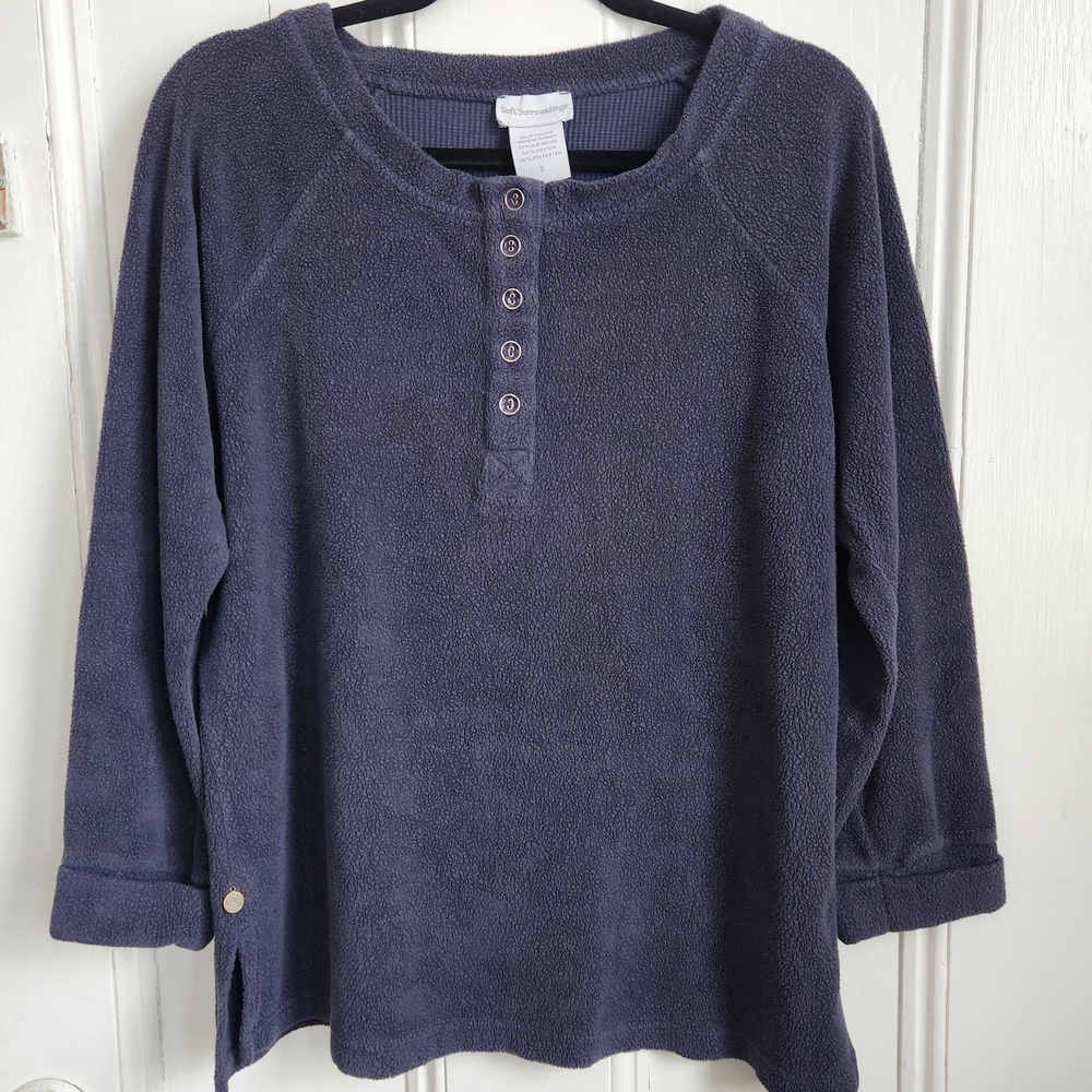 Soft Surroundings Navy Blue Fleece Long Sleeve Henley Top